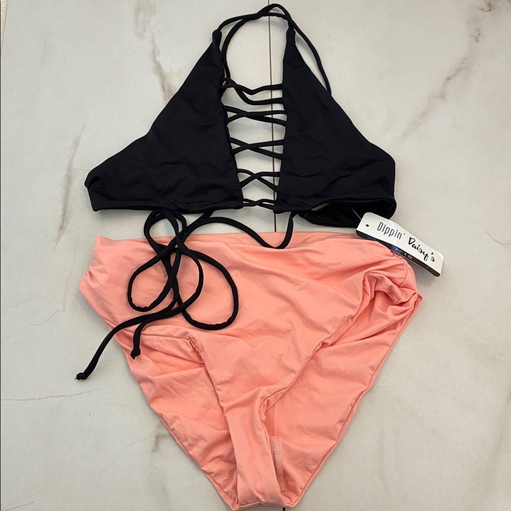 Nwt Dippin' Daisy's Black and Pink Coral Bikini Set